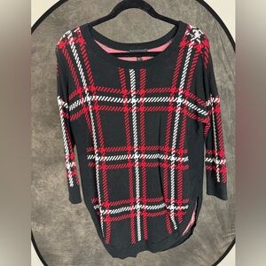 Express Plaid Sweater XS | Black Red White Check | 3/4 Sleeve Tunic